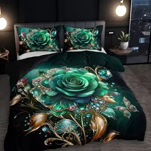 2/3pcs Emerald Gemstone Rose Bedding Set, High-Definition Print Luxury Vintage Stone Romantic Floral Pattern
