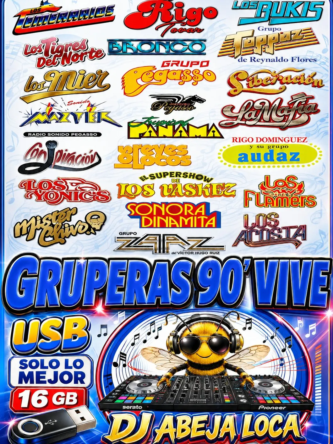 16GB USB Flash Drive - Gruperas 90' Vive, DJ Abeja Loca Curated Music Collection, High-Capacity Data Storage for Computers & Office Use