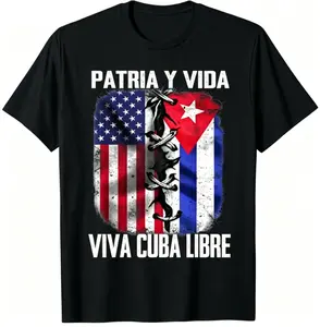 Women's 100% Cotton Short-Sleeve Round Neck Soft Casual Cultural T-Shirt, Patria Y Vida Viva Cuba Libre Cuban American Pride Graphic Tee