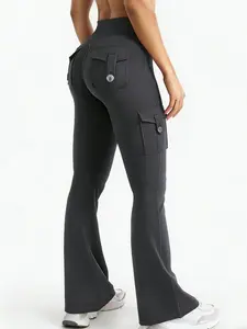 Women's High Waist Pleated Flare Pants, Side Pocket Seamless Front Open Pants, Soft Elastic Joggers for Yoga, Fitness, Daily Wear