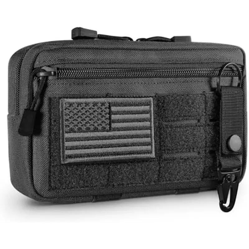 Unisex Compact Tactical Molle Admin Pouch - Black 1000D Nylon Athletic EDC Utility Organizer with Zipper Pockets, Snap Straps, Molle Panel for Car, Biker Vests, Zippered