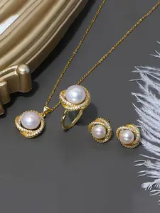 Elegant Women's Jewelry Set, Rhinestone Pendant Necklace Earrings Ring Trio, Faux Pearl Design, Chic Neck Chain, Perfect Gift for Her