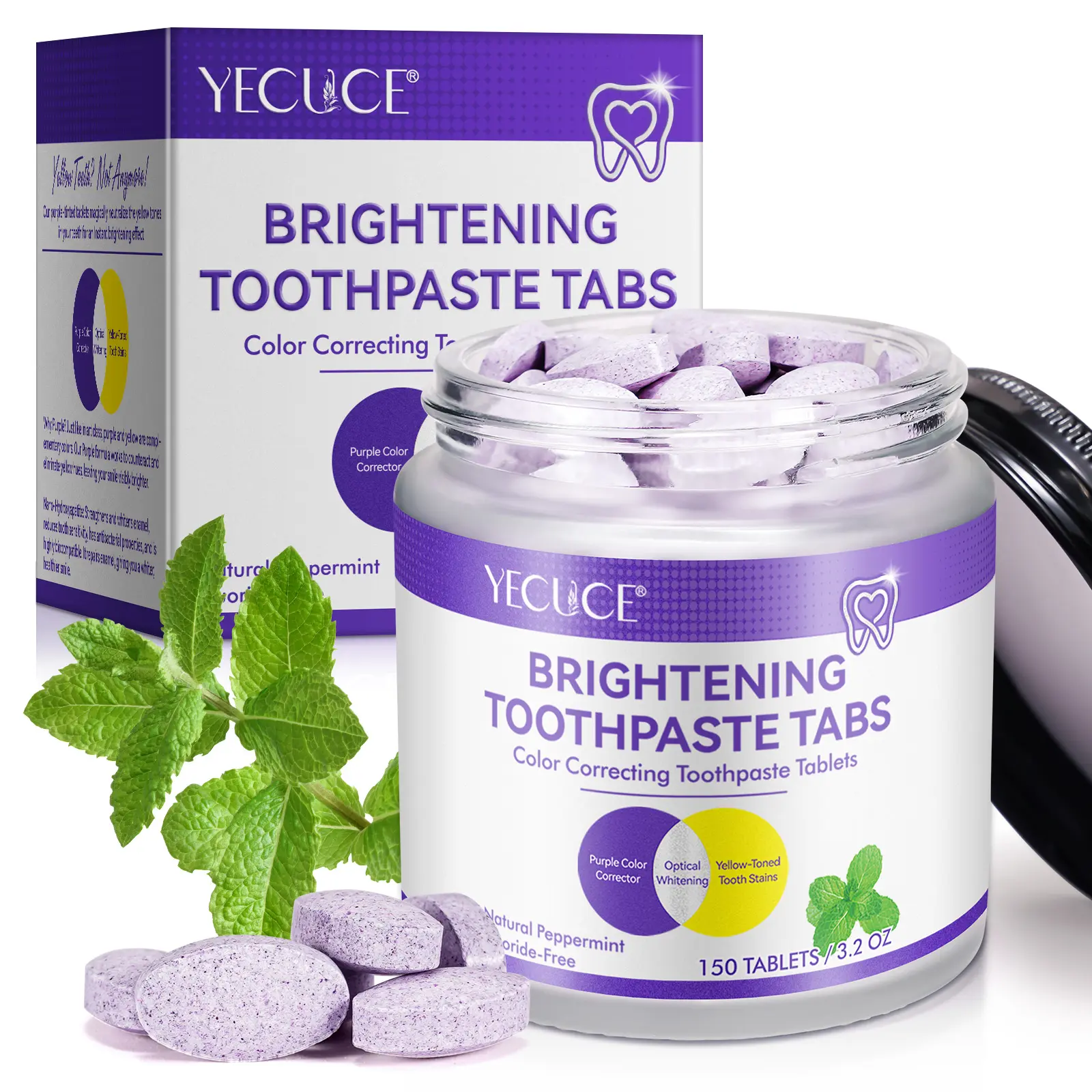 Yecuce Toothpaste Tablets 150pcs, Plant-Based Cleaning Ingredients, Fresh Mint Scent, Adjusts Teeth Color, Compact Design, Hygienic Use