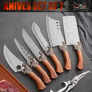 7-piece professional stainless steel kitchen knife set - including bone removal, slicing, carving, fish knife, butcher knife, and scissors - super sharp, suitable for meat and fish, Christmas gift premium  knifeset  of  cleaver