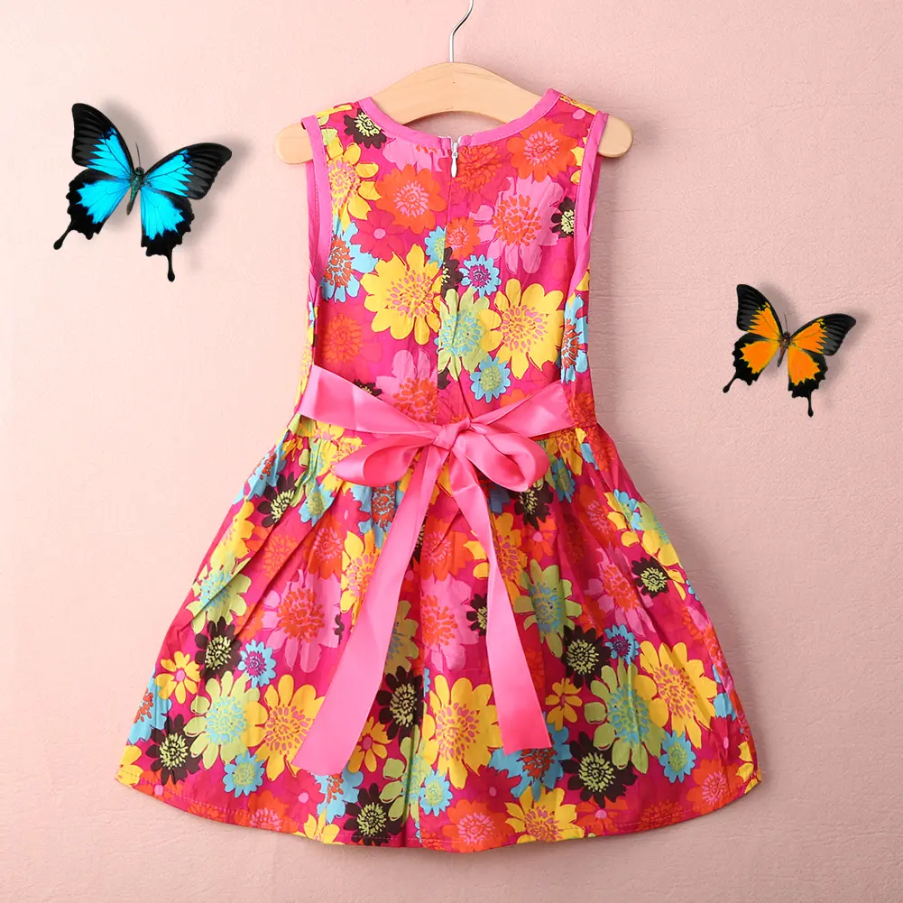 Toddler Party Dress for Girls, Sleeveless Rosy Floral Print Cotton Sundress for Summer Vacation and Playtime, Ages 2-7, Floral Print Dress