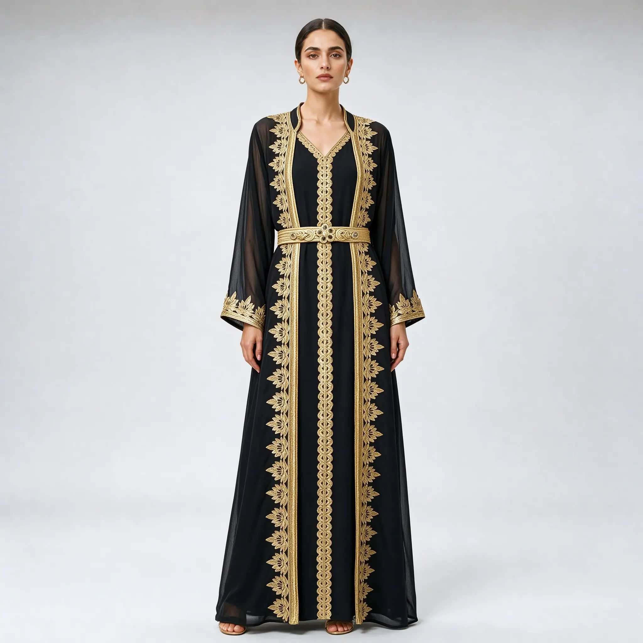 Luxury Black & Gold Beaded Open Front Abaya with Belt for Eid & Formal Occasions