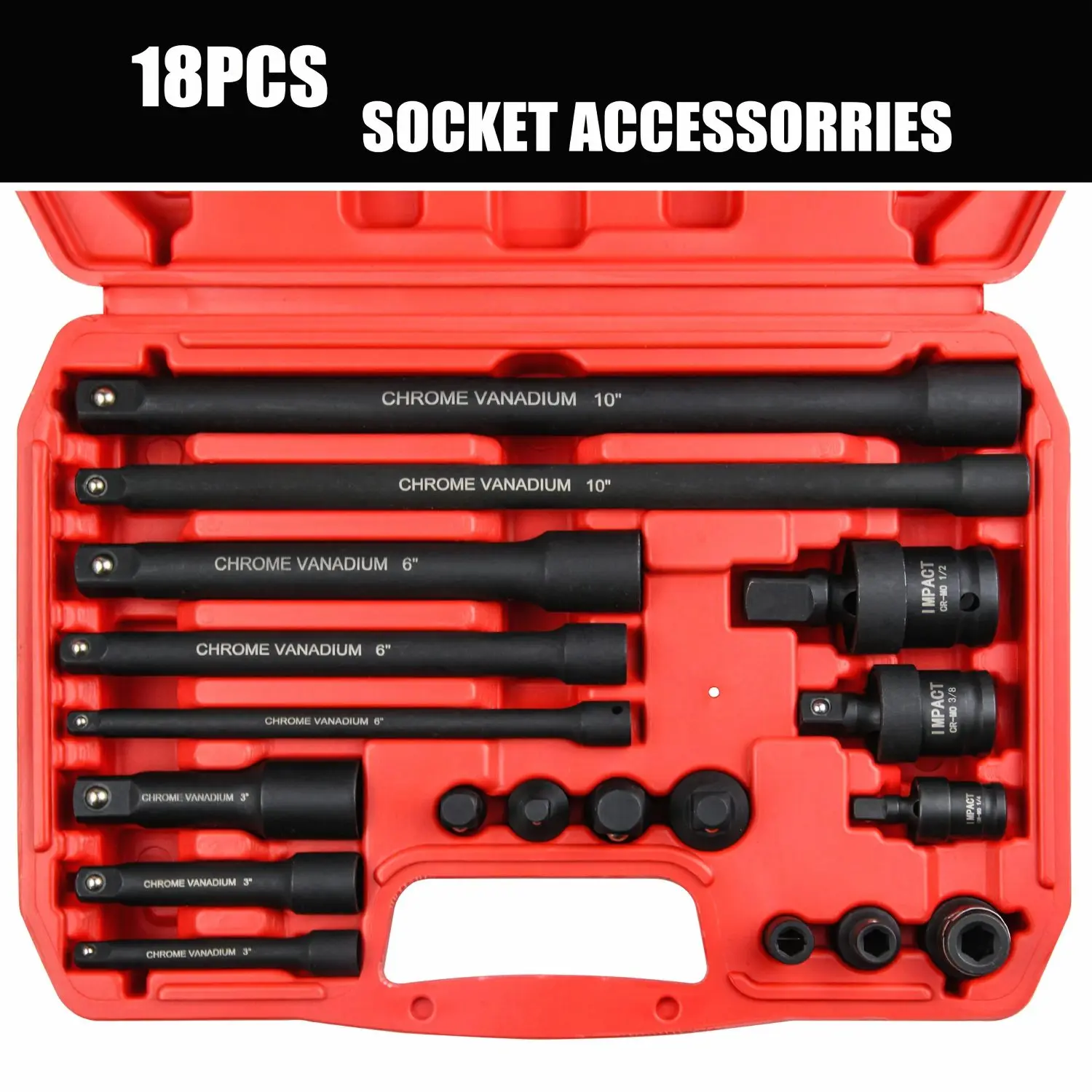18pcs Socket Extension Bar Set, Include Extension Bar, Socket Adaptor And Impact Bit Coupler, 3pcs Universal Joint Update to Impact Use, Made Of Premium Cr-v Steel, Professional 1/4", 3/8"&1/2" Drive Set for Home Improvement And Mechanical Holding