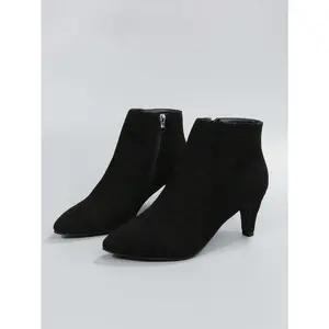 Women's Ankle and Short Boots Black Faux Suede and Leather Pointed Toe Cone Heel Stiletto Heel Side Zipper for Dressy Walk Comfortable Autumn Footwear
