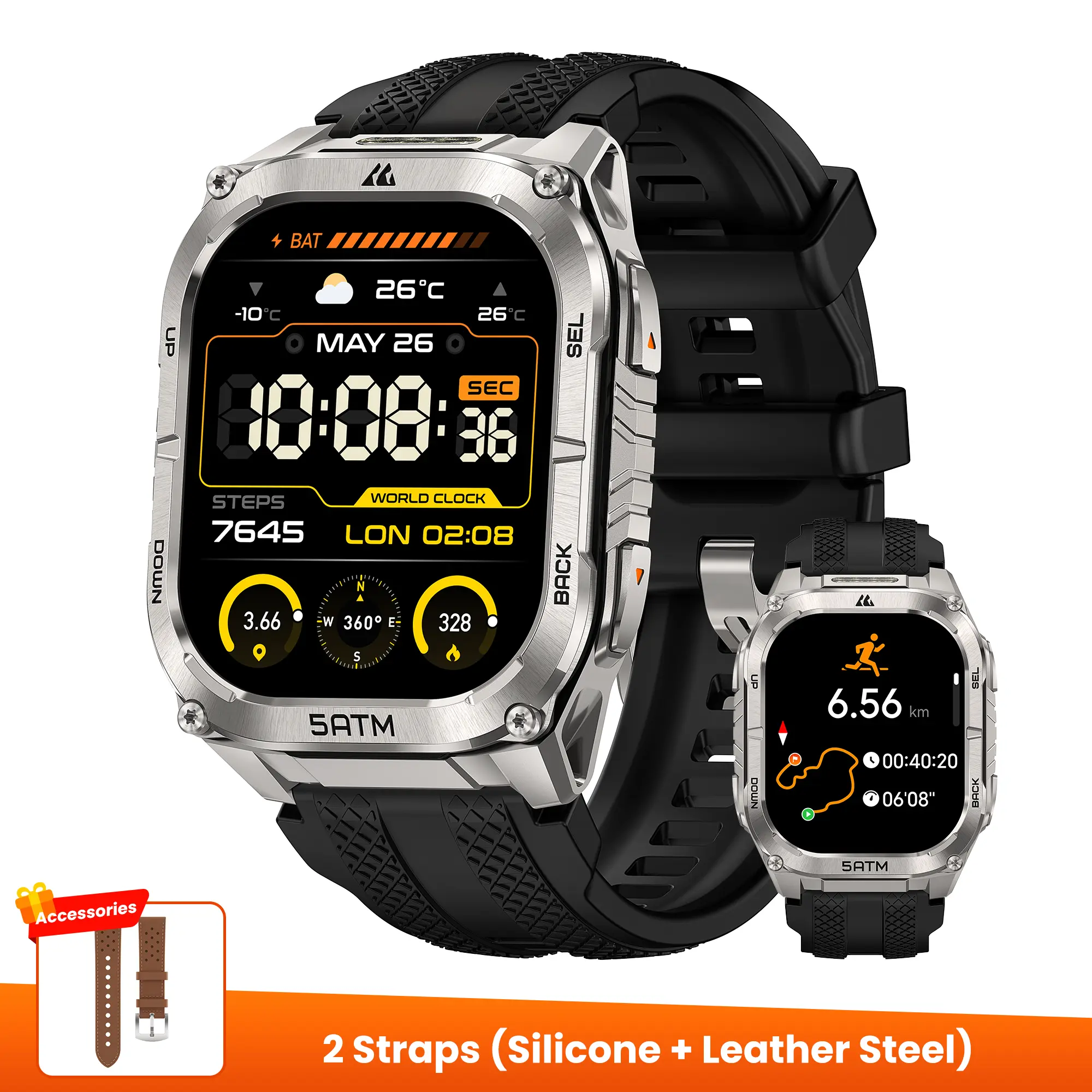 Silver + Leather Strap