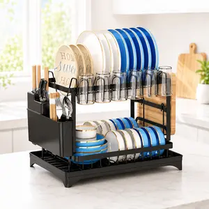 2-Layer Carbon Steel Dish Drying Rack, Kitchen Countertop Organizer with Drain Board for Plates and Cups, Home Storage Utility Holder, Dish Drying Racks