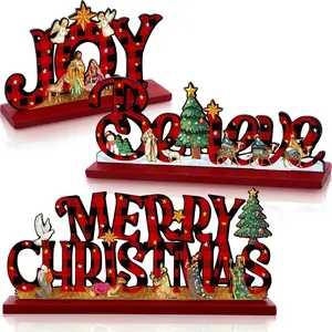 3 Pcs Christmas Table Decorations Nativity Scene Wooden Set Jesus Christian Table Topper Nativity Centerpiece Religious Christmas Ornaments Decor for Xmas Winter Holiday Supplies Checkered