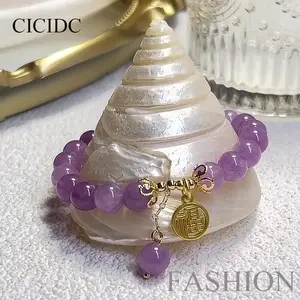 Natural Jade Lavender Purple Bracelet Simple Fashionable With Lucky FU Card For Women's Daily Or Gift