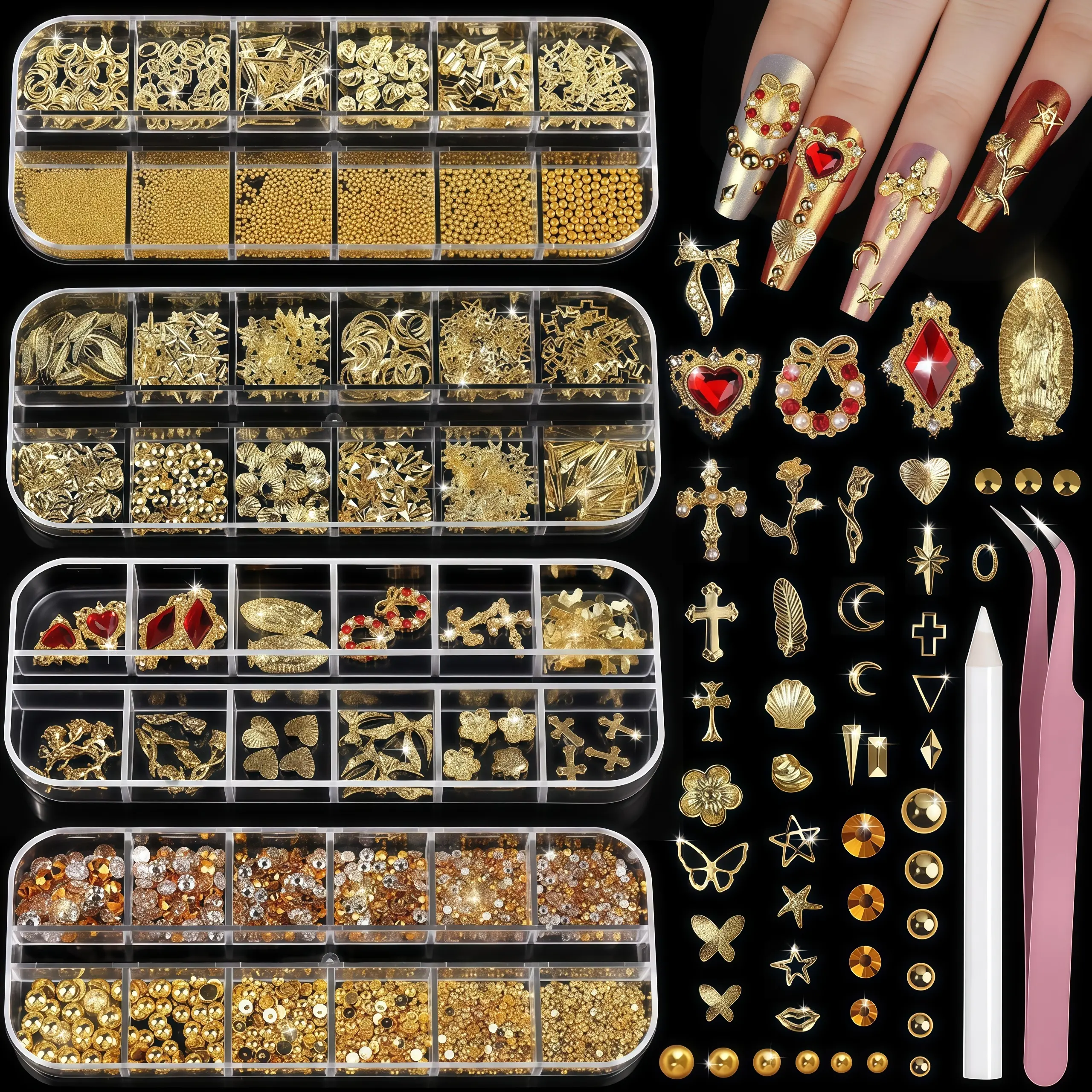 48 Grids 3D Ocean Nail Art Decorations, Nail Charms, Marine Motifs Mixed Sea Horse Starfish Conch Pearl Mini Caviar Beads Rhinestones, Seahorse Nail Art Nail Accessories Nail Embellishments Nail Jewelry Nail Decoration