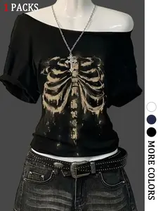 Dark Skull Off-Shoulder Graphic Print Top for Trendy Vibes, Wide Fit for Comfort, Breathable Fabric for All-Day Wear, Perfect for Casual or Chic Outings
