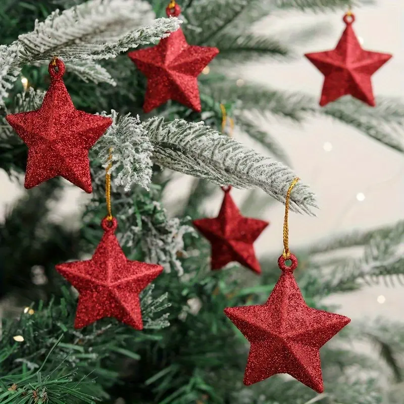 6pcs, Christmas Tree Small Glitter Pentagram Pendant Decoration Arrangement