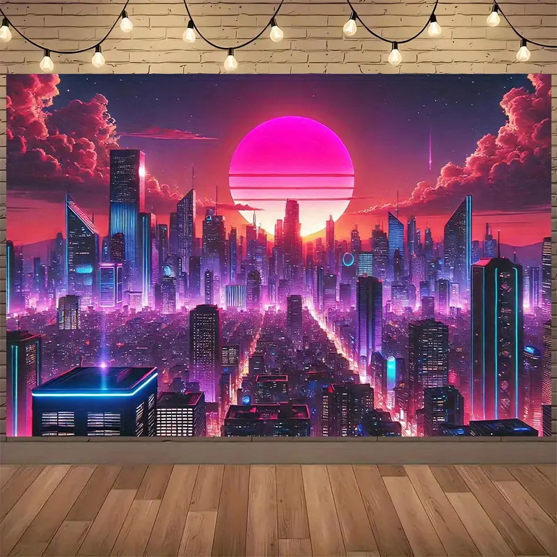 1pc Futuristic Print Multi-Function Cityscape Tapestry Banner, Polyester Indoor Wall Decor for Home Office, Party Photography Background - No Power Needed