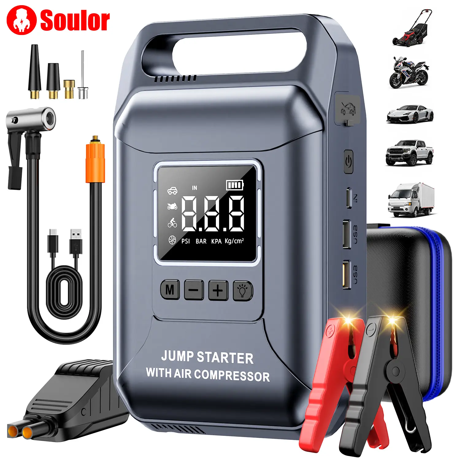 Soulor Portable Car Jump Starter and 160 PSI Air Compressor, 15000mAh Battery Booster, 12V Jump Box with Smart Preset Inflation, LED Flashlight and USB Charging