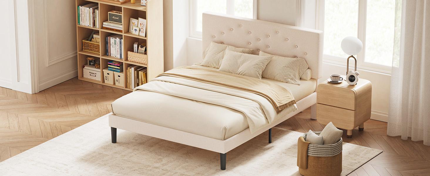 Bed Frame with Height-Adjustable Upholstered Headboard, Crystal Buckle Accents, Beige
