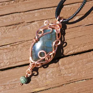 Labradorite Wire-Wrapped Pendant with Copper Wire and Phlogopite on Black Cord