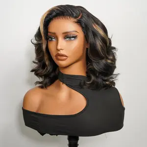 ShowRealHair Coiffure Bob Wig 7x5 Lace Front Bob Wigs Human Hair Layered Curly Bob Wig Pre Plucked 14 Inch Body Wave Lace Frontal Wigs Human Hair 180% Density 14inch Lace Frontal Bob Wigs for Black Women Brazilian Human Hair Bob Wigs