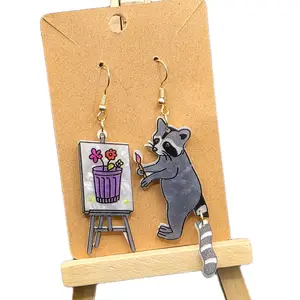 Adorable Raccoon Artist Earrings with Painting Hook Earrings Featuring Playful Whimsical Design in Purple Unique Accessory for Special Occasions