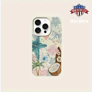 Coconut Tree Leaves Flowers Collage Suitable for TPU Pattern Compatible with iPhone 16 Pro Max Case iPhone 16 Pro Max/14/16 Plus/15/13P/12/11 Business Shockproof Protective Case High Aesthetic Protection Cover Protector Cellphone