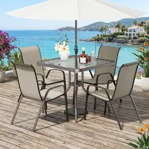 5 Pieces Outdoor Patio Dining Set Waterproof Textilene Stackable Chairs Metal Frame Square Glass Table With Umbrella Hole Ergonomic Leisure Furniture For Garden Backyard Poolside Lawn Home Use