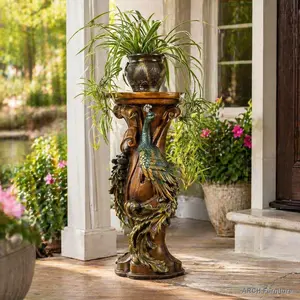 Artistic Peacock-Carved Resin Faux Wood Vintage Statue Pedestal Stand - 32.7" H Round Weighted Base, Smooth Antique Traditional Column, Home Decor for Vases, Figurines in Living Room