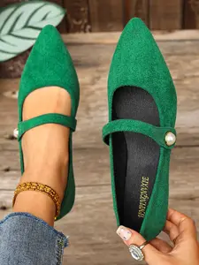 Velvet Mary Jane Flat Shoes for Women, Metal Buckle Decoration, Wedding Bridesmaid Party Elegant Shoes, Casual Spring & Fall