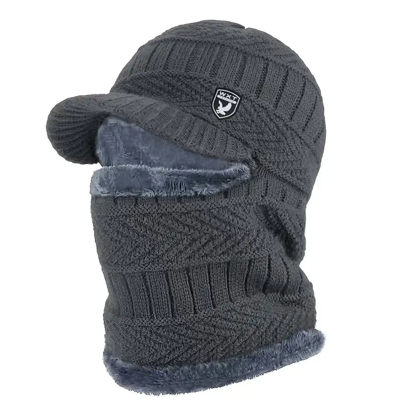Winter men's balaclava hat with brim scarf integrated knitted hat outdoor cycling skiing cold warm old man hat