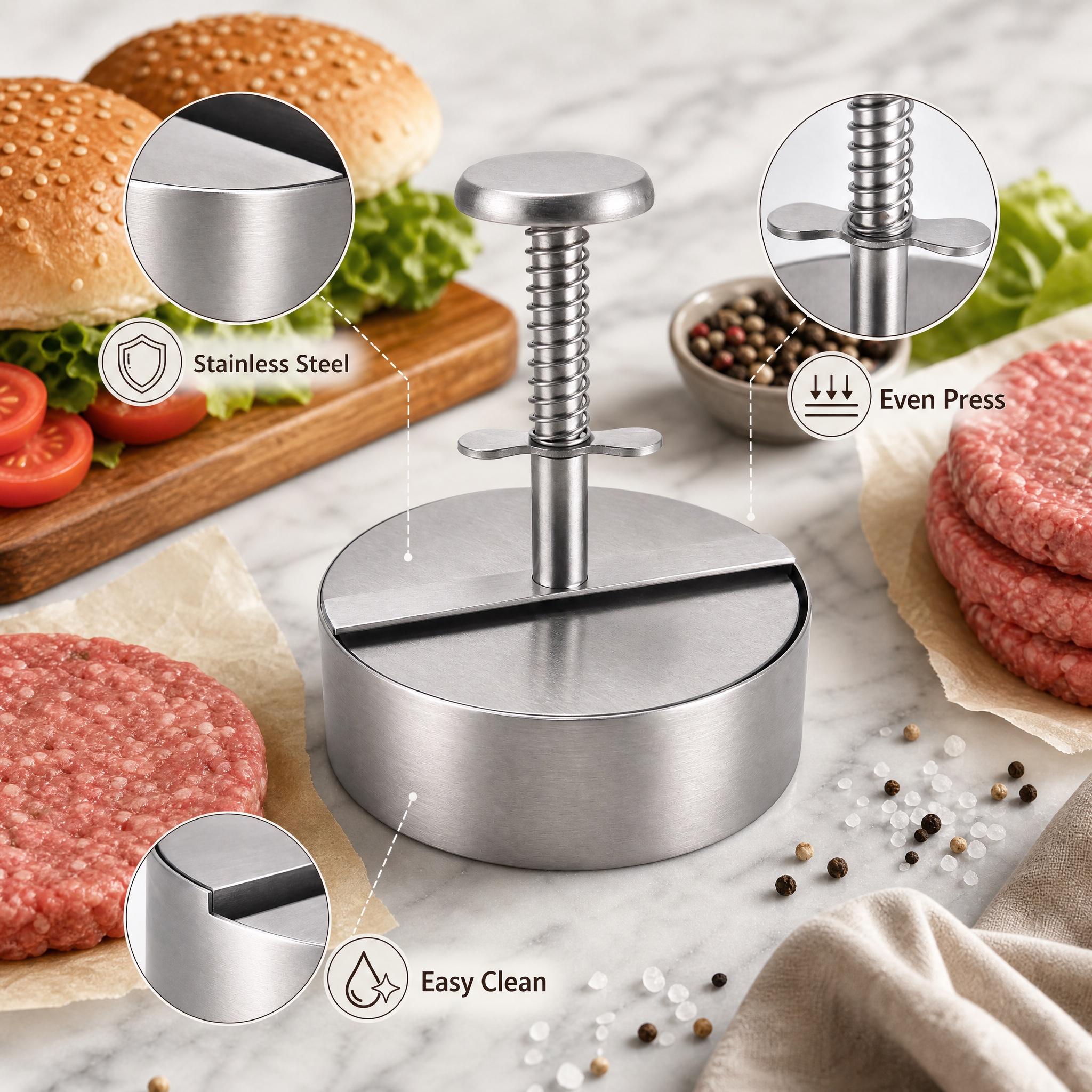 Stainless Steel Burger Patty Press – Spring-loaded mold for making perfect, evenly shaped patties; nonstick iron burger press for kitchen and BBQ #KitchenGadget