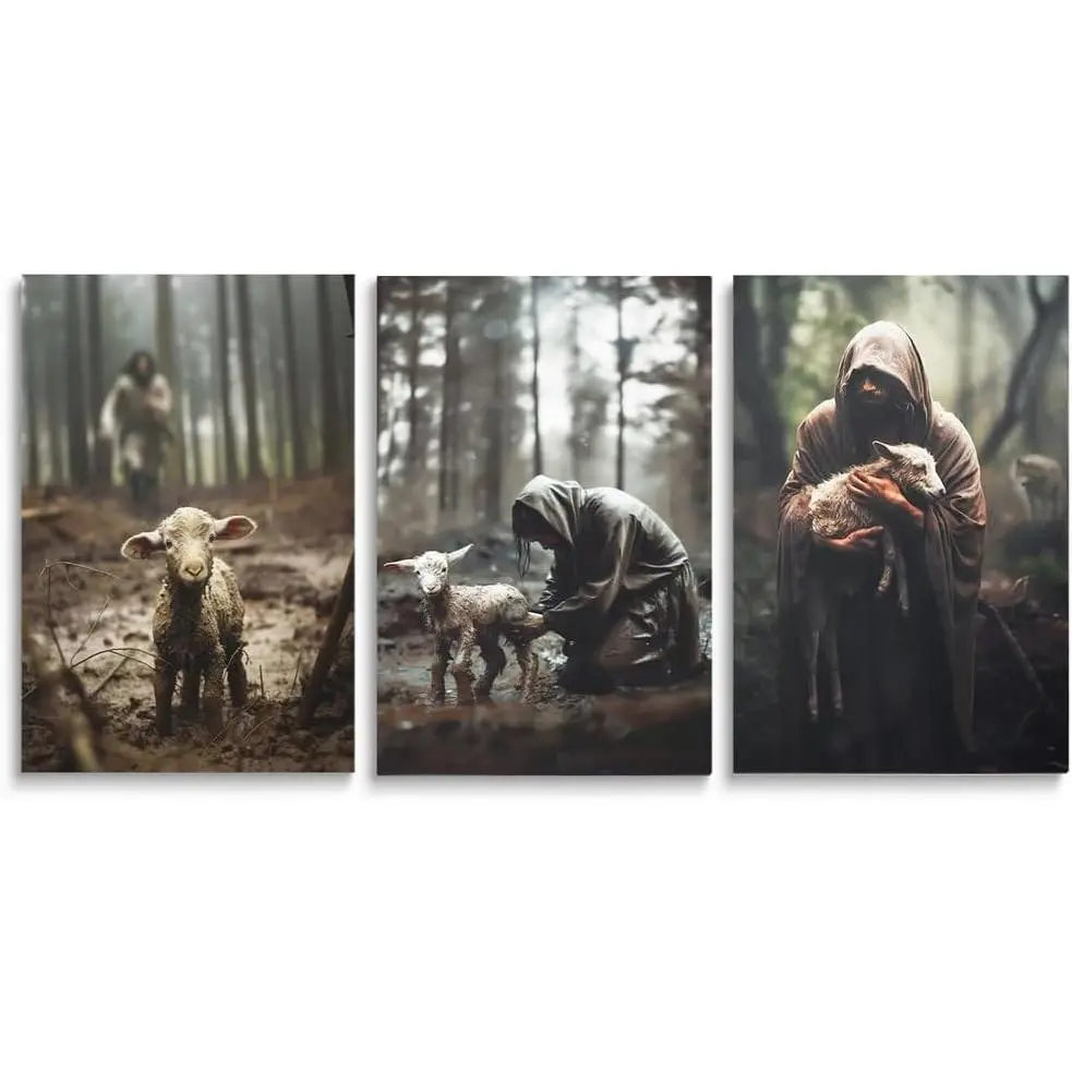Framed Jesus and Lamb Artistic Canvas Wall Art Set of 3 (16x24in) - Assorted Art Prints of Christ Running to a Lost Lamb, Christian Home Decor, Home Inspo Decoration, Room