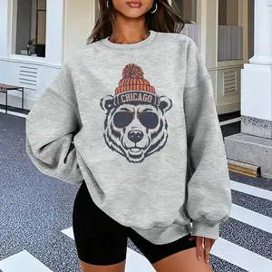 Women’s Patterned Hoodie — “Chicago” Bear Pattern Sunglasses, Grey Cotton Knit Crewneck Sweatshirt, Breathable, Slightly Elastic