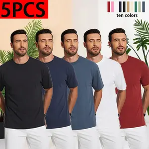 5-Pack Men's 100% Cotton Solid Color T-Shirts Ultra Soft Basic Short Sleeve Crewneck Tees Multipack for Casual Everyday Wear Gym Layering Travel Assorted Colors Set Menswear Tshirt Tropical Plain Streetwear