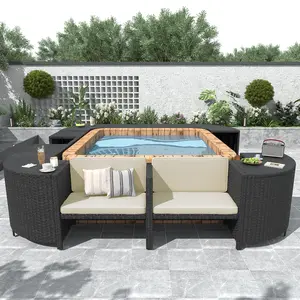 Spa Surround Spa Frame Quadrilateral Outdoor Rattan Sectional Sofa Set with Mini Sofa, Wooden Seats and Storage Spaces