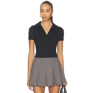 Gold Hinge Preppy V-neck Polo Top in Black