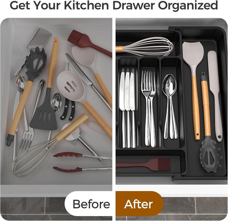 Extra Large Expandable Silverware Organizer, Bpa-Free Food-Safe Cutlery Flatware Organizer, Kitchen Utensil Drawer Organizer, Adjustable Silverware Holder for Spoons Forks Knives, Black Ukeetap Gift Boxes