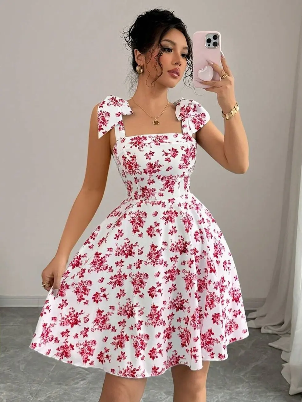 Ditsy Floral A-Line Dress | Shoulder Tie & Bow Waist | Slimming, Elegant Casual Day Dress for Women