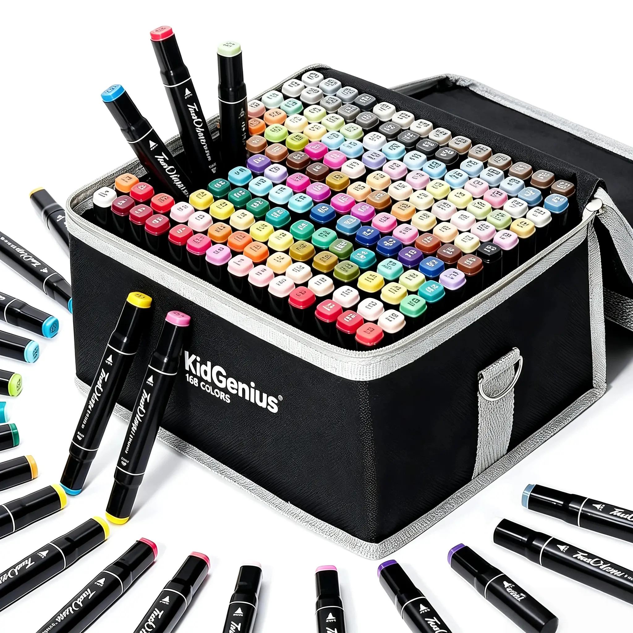 KIDGENIUS Dual Tip Alcohol Markers Set (168/262 Pieces) - Permanent Coloring Supplies, Water-Resistant, Quick-Dry, Refillable, Fine & Wide Tips for Drawing, Premium Gift for Artists