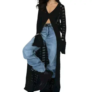 Women’s long cardigan — crochet hollow-out knit sweater cover-up maxi dress, long sleeves, button-down
