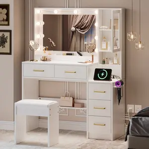 TOKSOM 35.44"L Makeup Vanity with Lights & Charging Station,White Vanity Table with 5 Drawers & 1 Dust-proof Cabinet & Open Storage Shelves,Bedroom Makeup Dressing Table Set for Girls