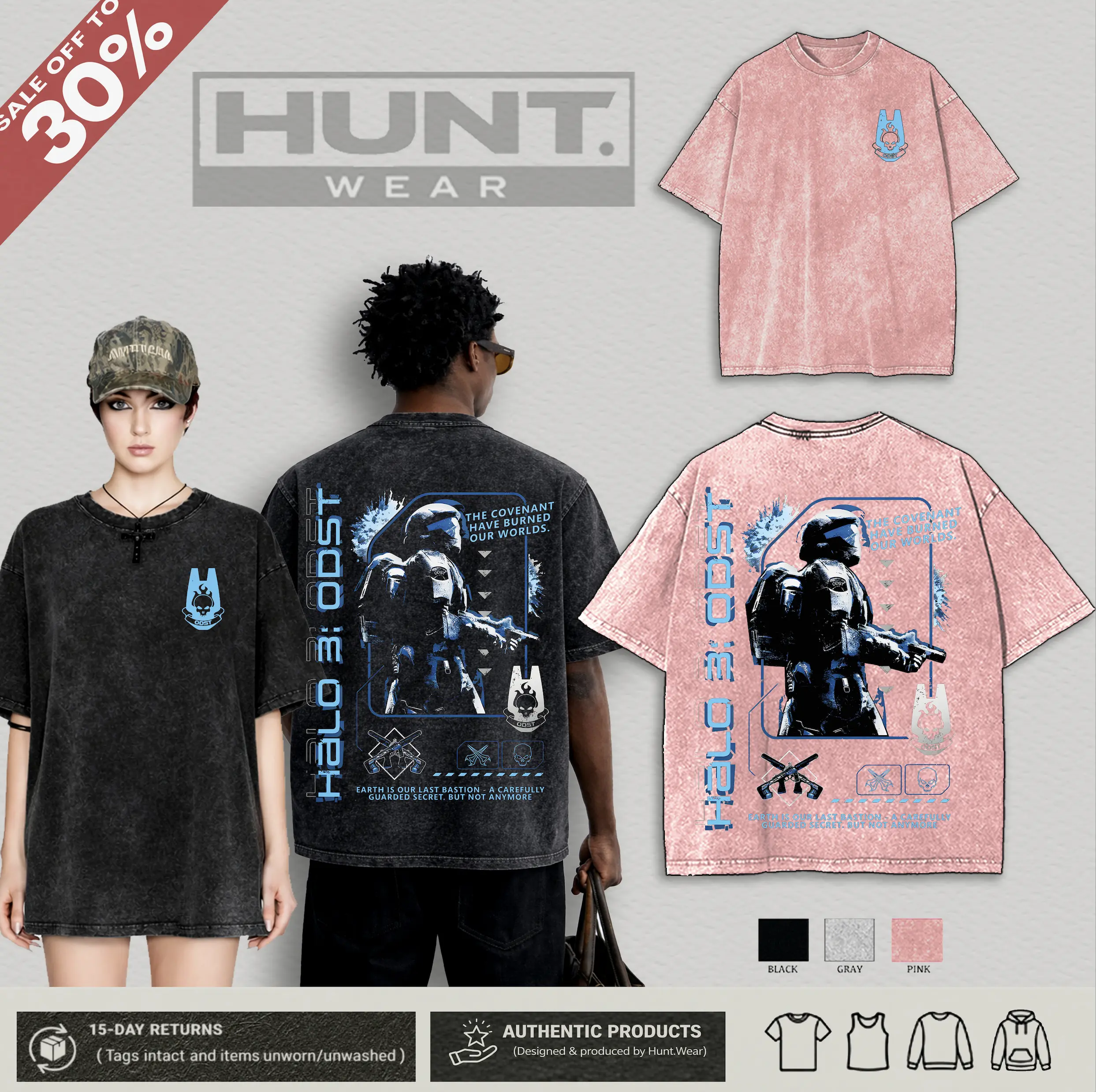 Halo ODST "The Rookie" T-Shirt Double Printed Unisex Acid Washed Lightweight Cotton T-Shirt, Gift For Game Fan, Streetwear men gifts Fabric Top Casual Womenswear Baby Everyday Gothic Graphic