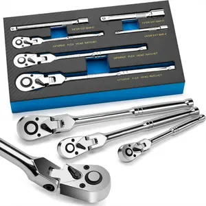 【TikTokShopBlackFriday】6-Piece Flex Head Ratchet Set, 1/4", 3/8", 1/2" Drive, Swivel Head Ratchet Wrench with Extension Bar, 72 Tooth, 180° Adjustable, Quick-Release, Flexible Ratchet Handle with EVA Foam