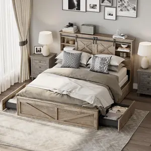 Eyisean Queen Size Farmhouse Wooden Platform Bed, Rustic Headboard Bed Frame with LED Lights & Charging Station, Space Saving Beds with Sliding Barn Door Storage Cabinets & Drawers, No Box Spring Needed, Easy Assembly for Bedroom