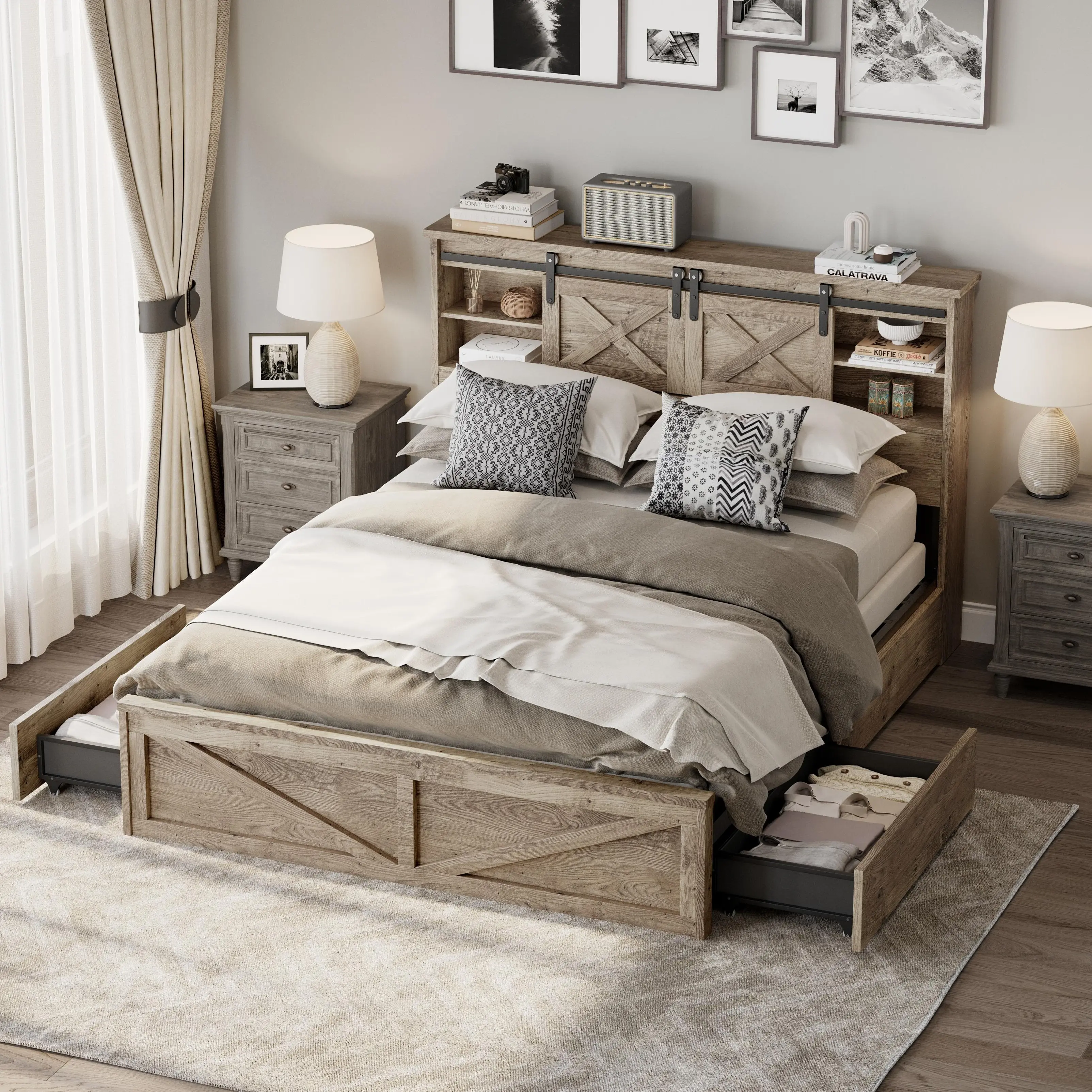 Eyisean Queen/King Size Farmhouse Wooden Platform Bed, Rustic Headboard Bed Frame with LED Lights & Charging Station, Space Saving Beds with Sliding Barn Door Storage Cabinets & Drawers, No Box Spring Needed, Easy Assembly for Bedroom