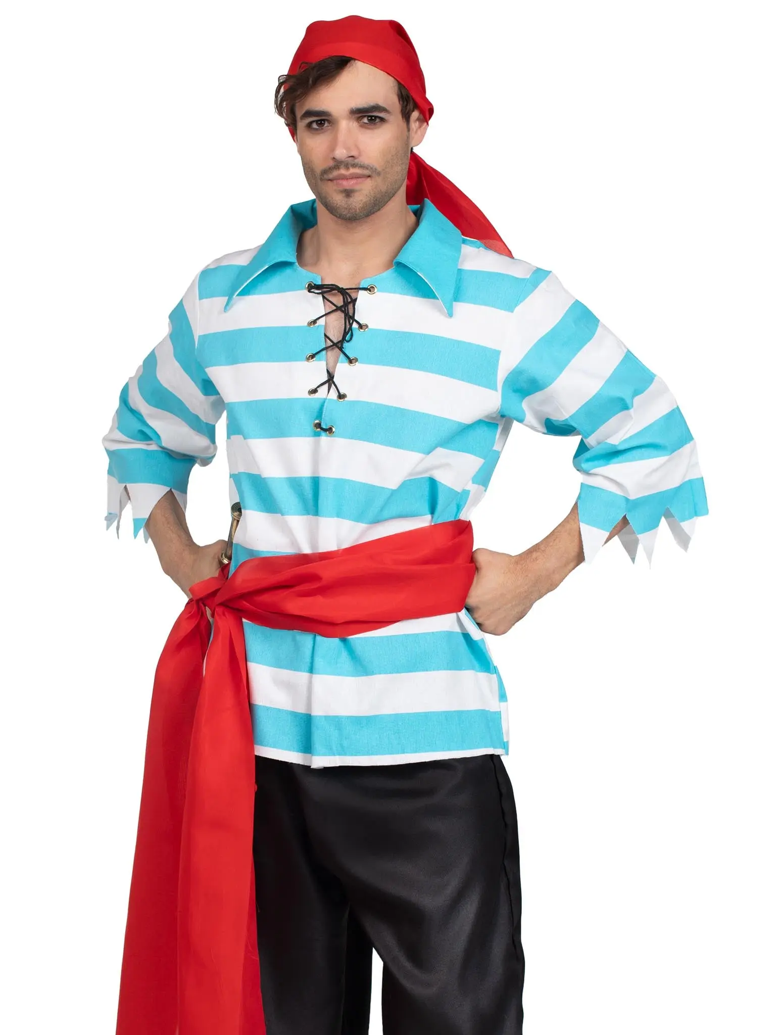 Leg Avenue Men's 4-PC Pillaging Pirate Menswear - Relaxed Fit Casual Clothes, Classic Striped Shirt, Tattered Pants, Waist Sash, Head Scarf for Halloween, Cosplay Party, Costume Ideas, Trick Or Treat, Hand Wash, Do Not Bleach, Drip Dry, Loose-Fitting, Cos