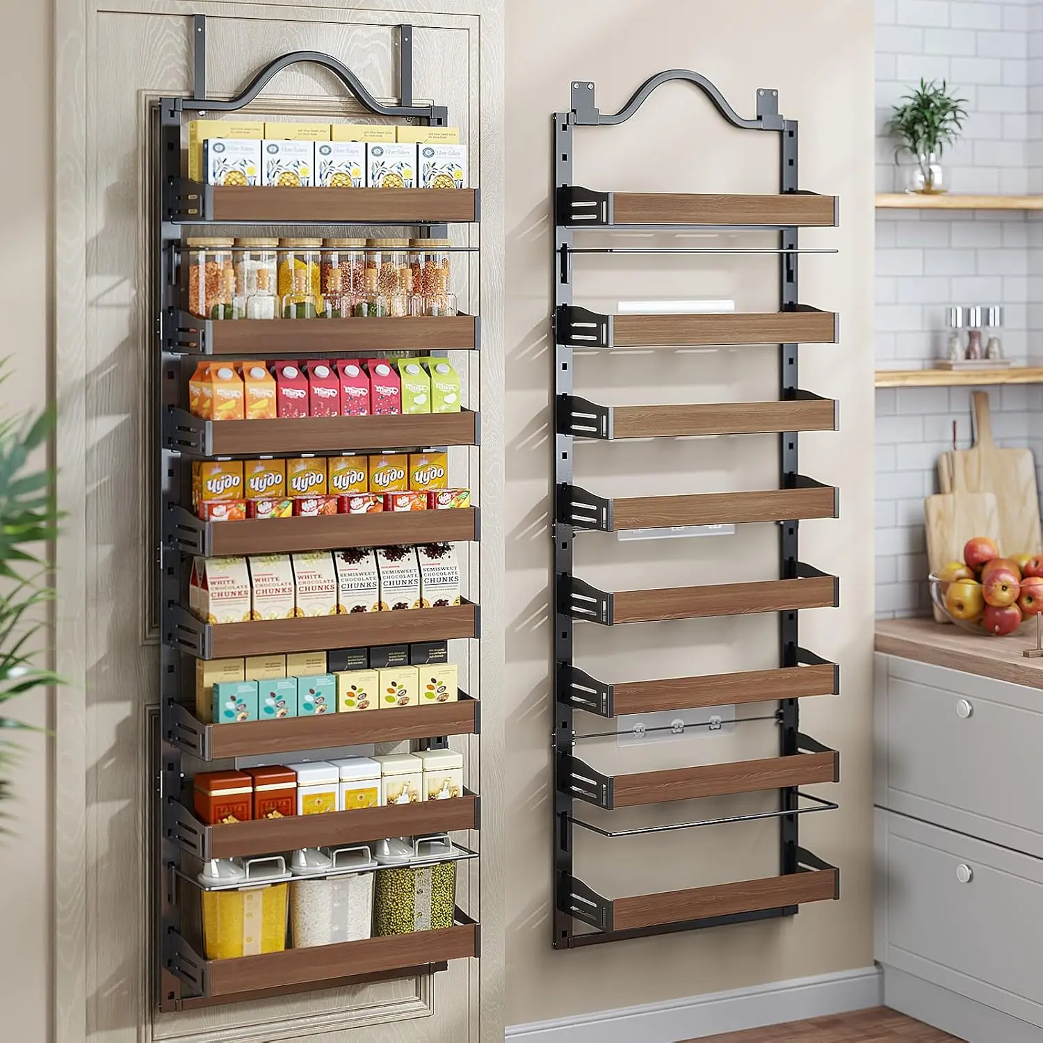 8-Tier  Rack Wall Mount, Heavy-Duty Over the Door Pantry Organizer with Wooden Adjustable Basket, 2 IN 1 Wall Mount or  Pantry Door Organizer,Door  Rack for Pantry, Black