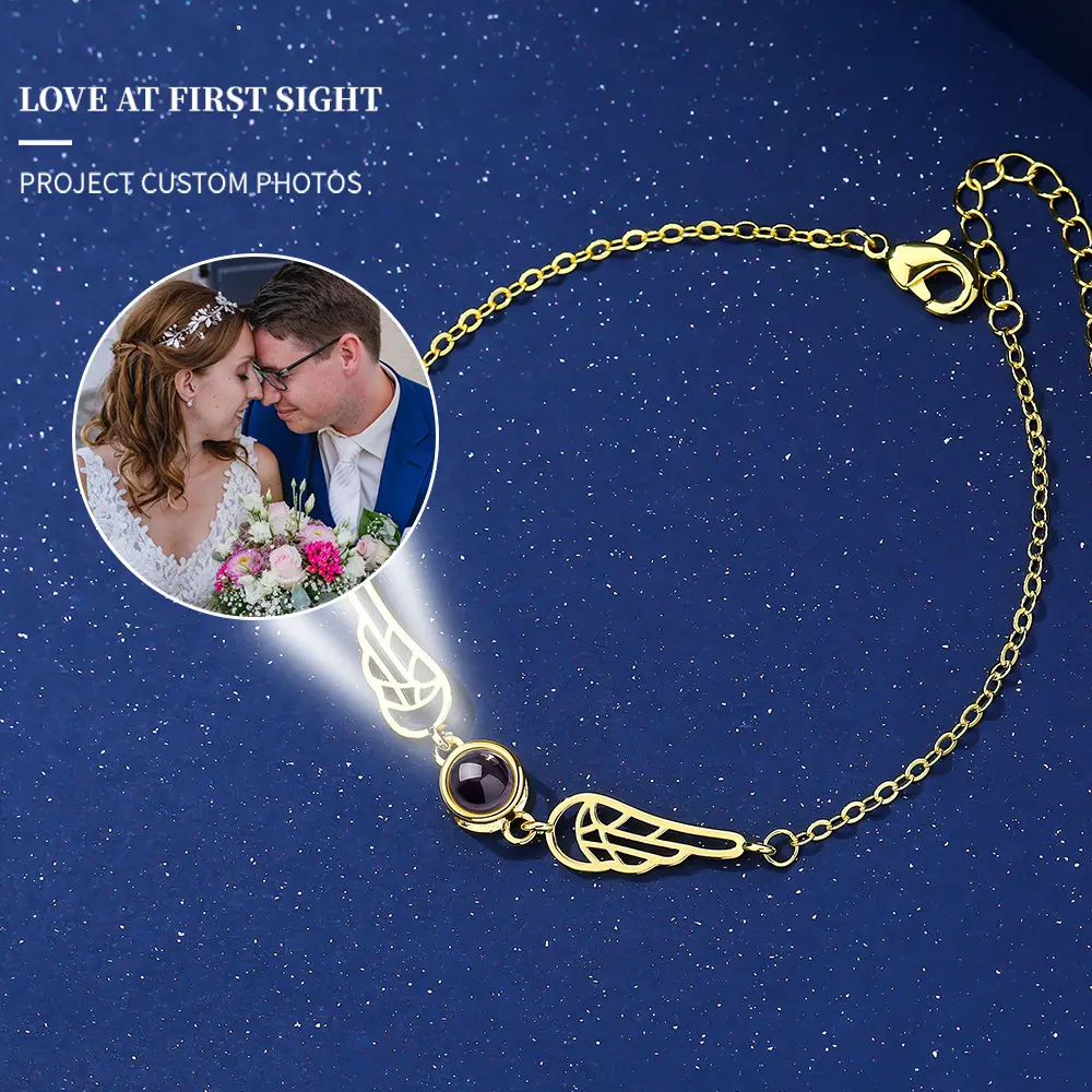 Women's Angel Wing 1-Piece Custom Photo Projection Bracelet - Lucky Charm Jewelry Chain, Surprise Custom Gift for Girlfriend, One-Piece