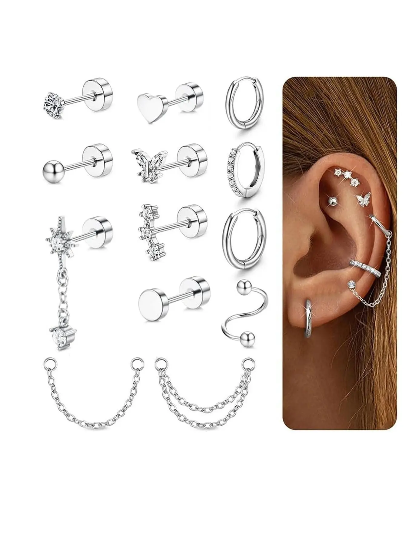 Women's Cartilage Earrings - Butterfly Flatback Spiral Conch Tragus Piercing Ear Jewelry, Sparkling Ear Jewelry, Single DIY Chain Design Zirconia Chain Earrings Stainless Steel Stud Hoop Stackable Set Ear Studs Flat Pierced Jewelry