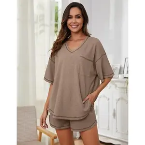 Women’s waffle knit two-piece short lounge set — cute sleep loungewear PJ set, loose fit, suitable for spring, summer, autumn, and winter